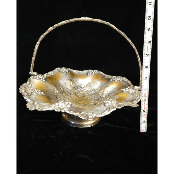 Antique Ornate Silver-Plated Pedestal Basket With Floral & Grapevine Design Scal - Picture 5 of 11